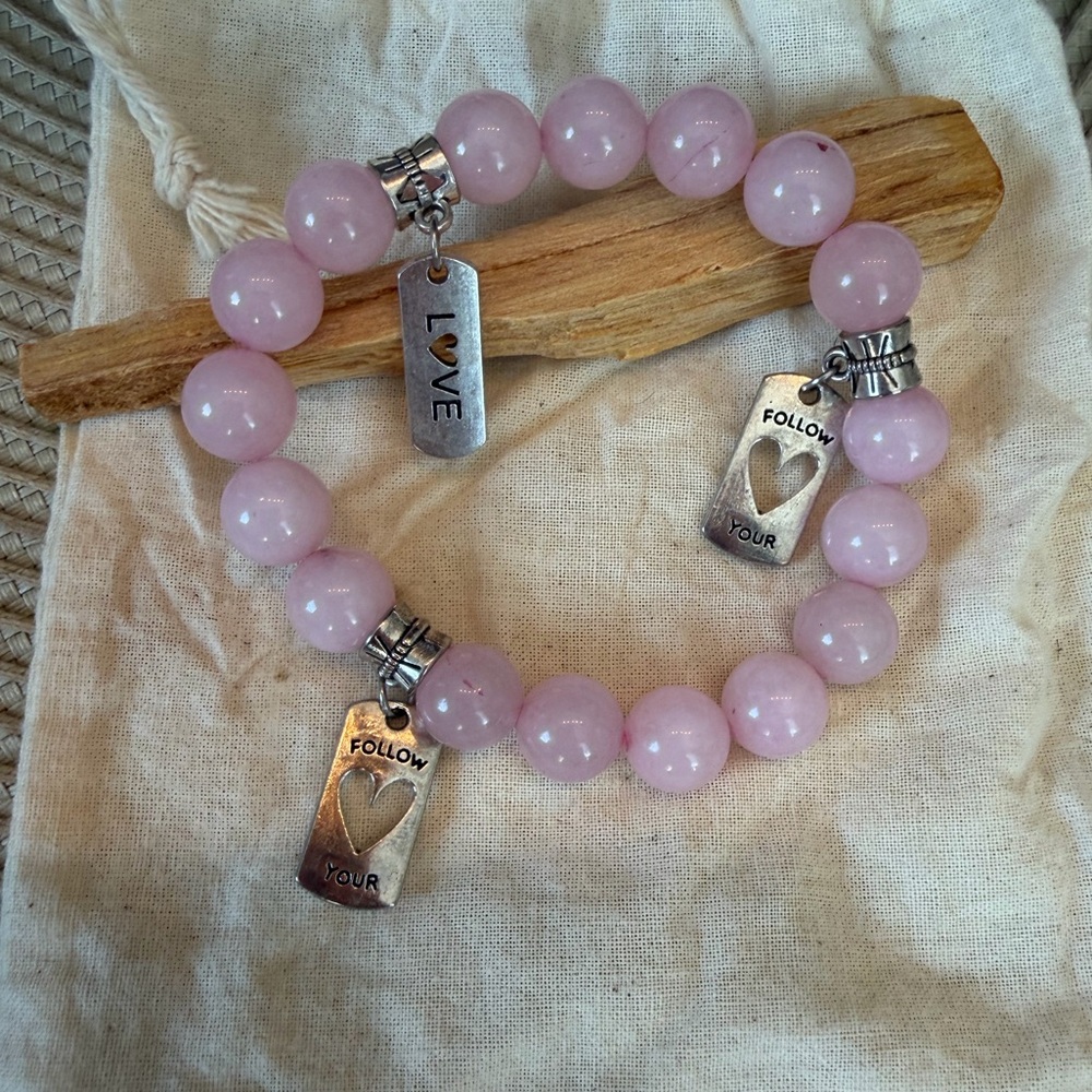 Handmade Rose Quartz Beaded Charm Bracelet with 'LOVE' and 'FOLLOW YOUR' ❤️Tags